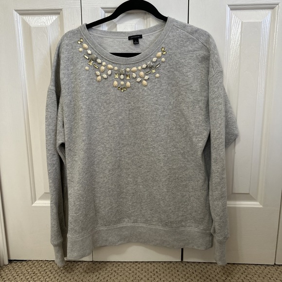 Ann Taylor Gray BEADED NECK CASUAL SWEATSHIRT LOUNGE COMFY SWEATER SIZE: L - Picture 2 of 5